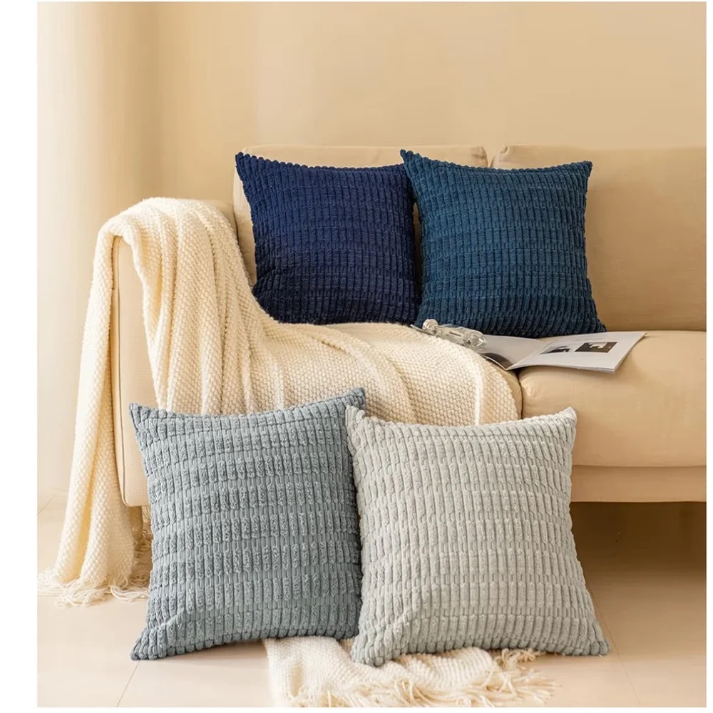 Corduroy Soft Striped Farmhouse SQUARE Throw Pillow Covers 18x18” BLUE (4-pack)